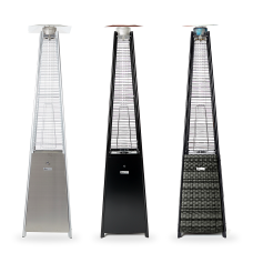 REALGLOW Real Flame Pyramid gas patio heater in stainless steel, gloss black and grey rattan